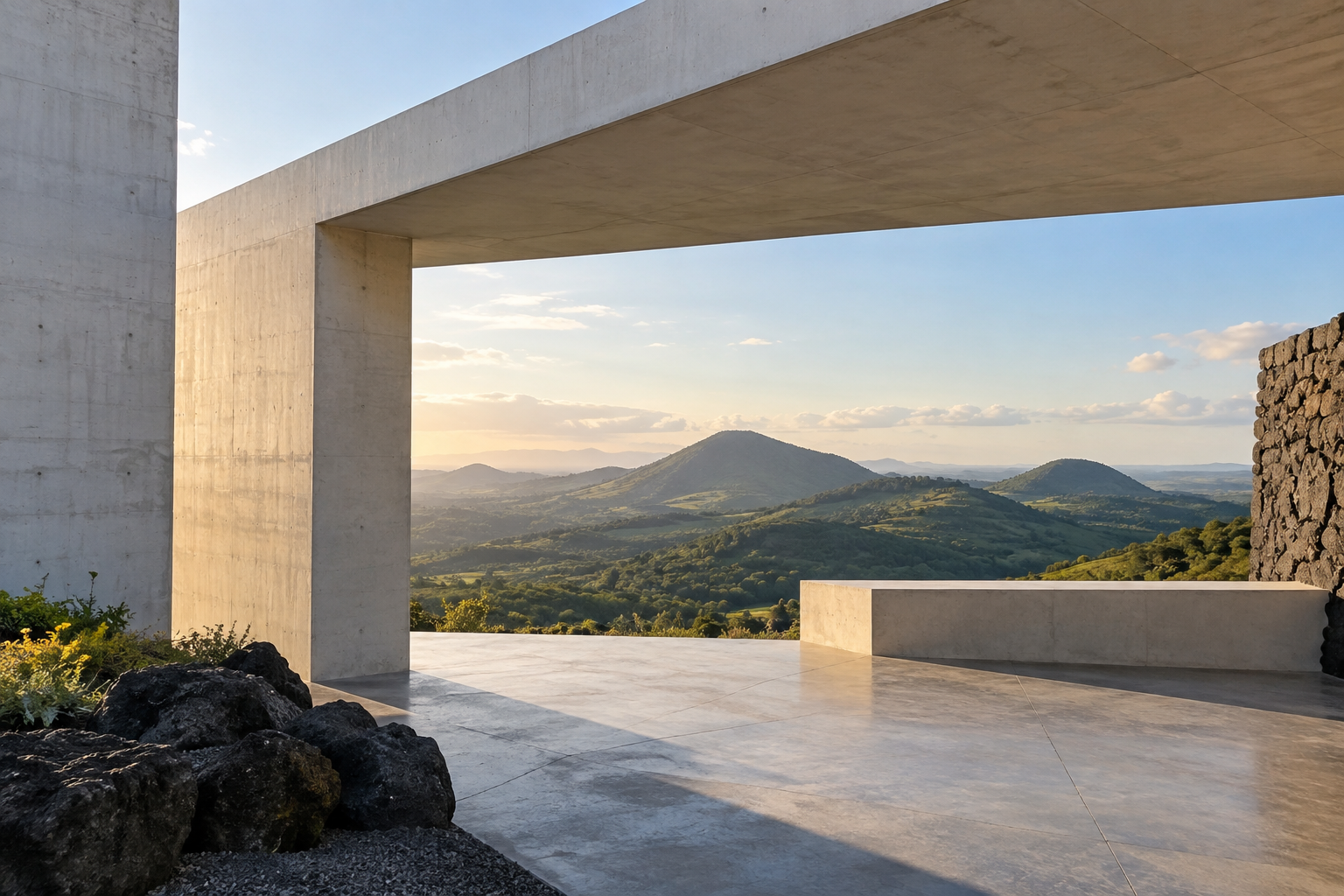 Architecture contemporaine imaginaire ouverte sur des reliefs volcaniques